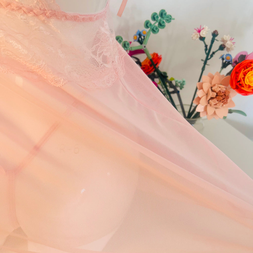 soft pink lace sleep dress hem fabric showing flowy lightweight texture