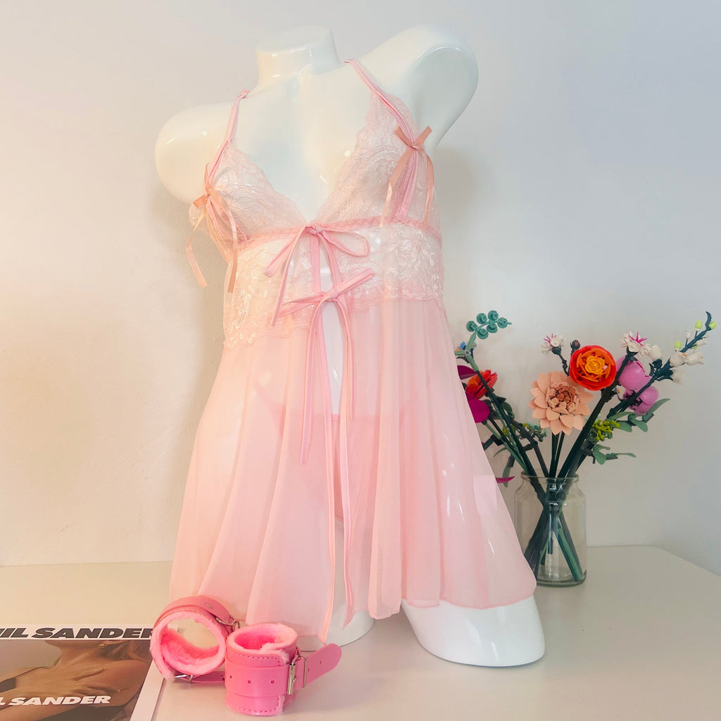 pink lace sleep dress worn by model front view soft romantic lingerie style