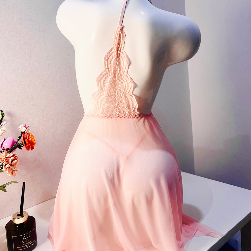 pink lace sleep dress set back view model wearing adjustable strap thong