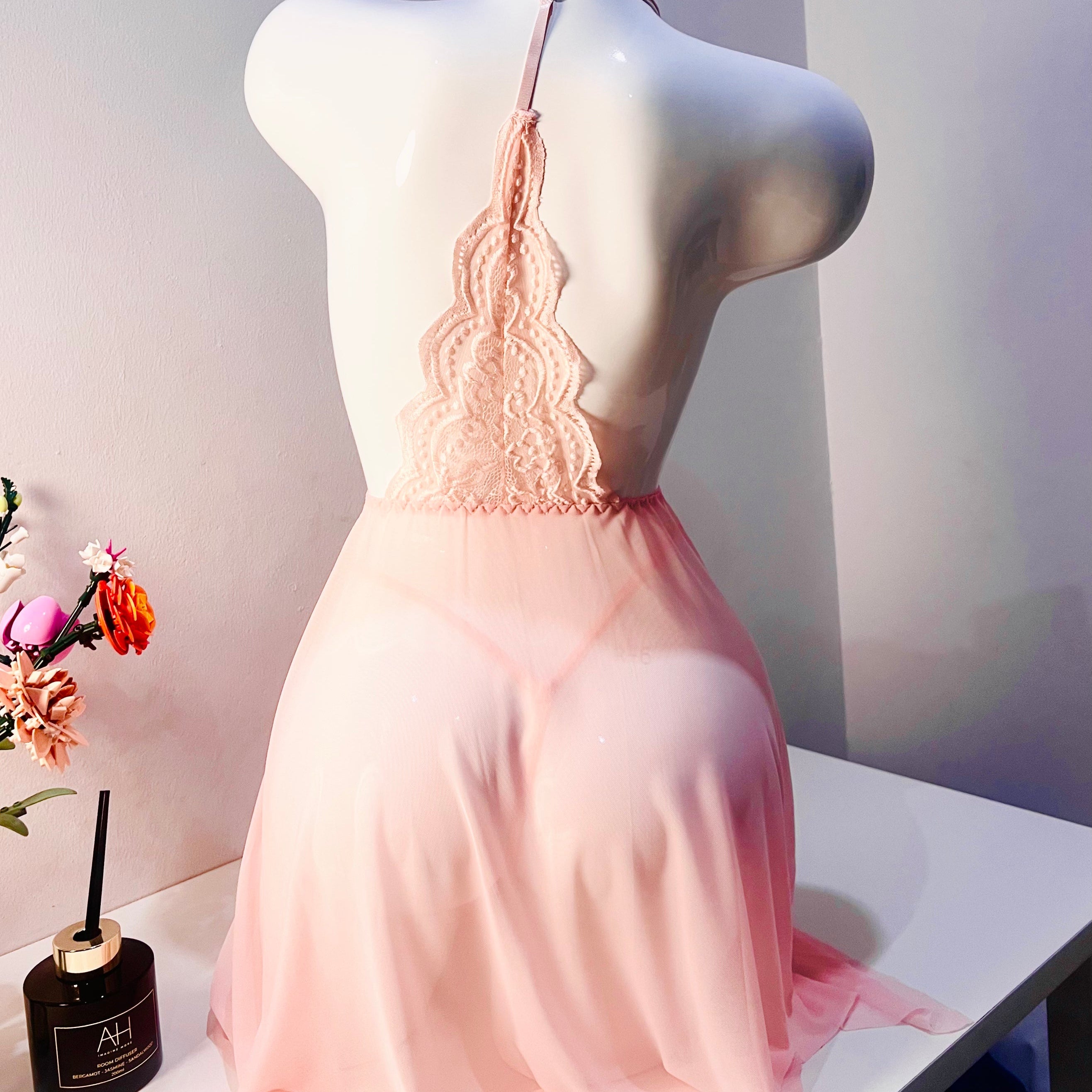 pink lace sleep dress set back view model wearing adjustable strap thong