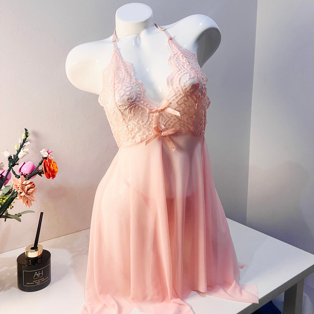 pink lace sleep dress set front view model wearing lingerie set