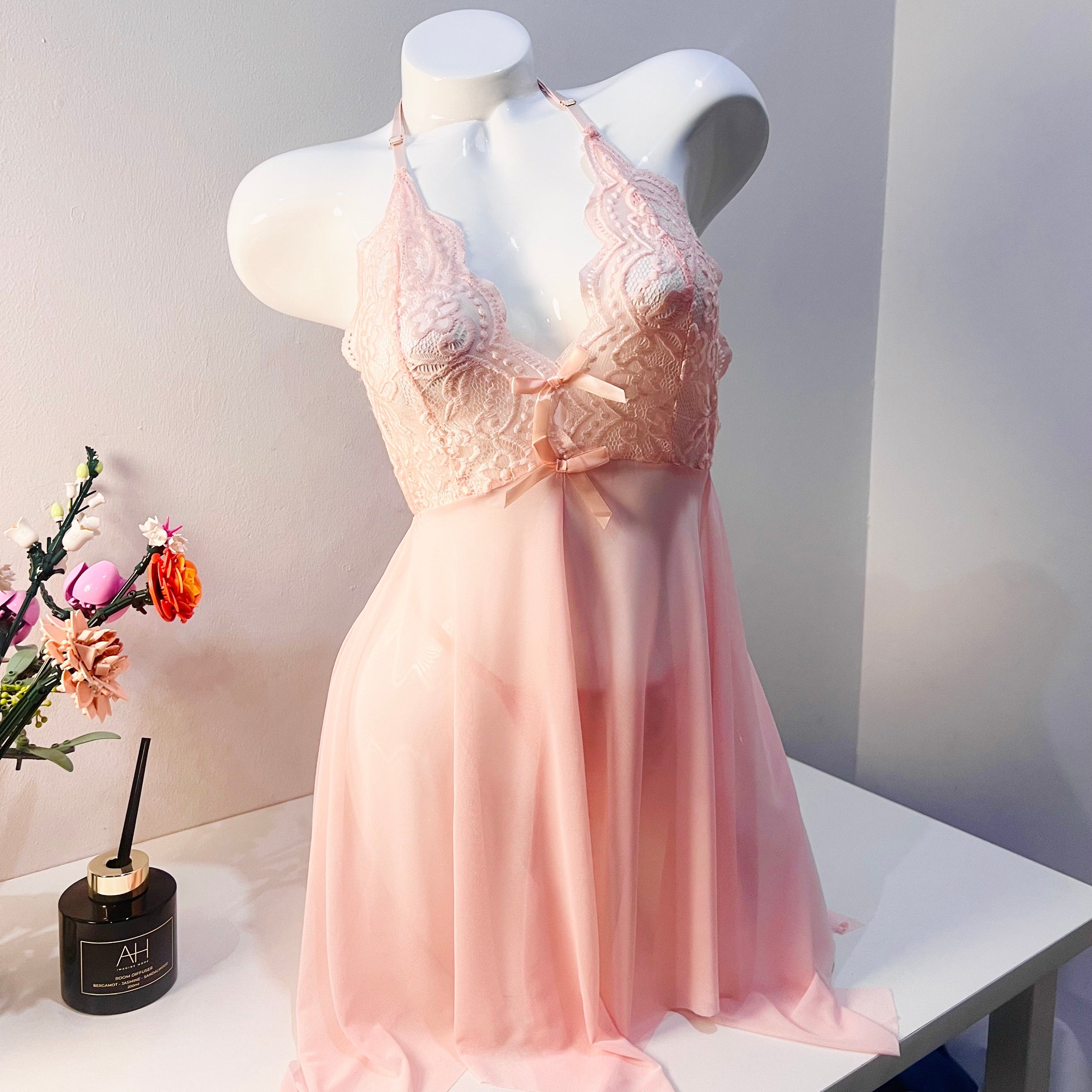 pink lace sleep dress set front view model wearing lingerie set