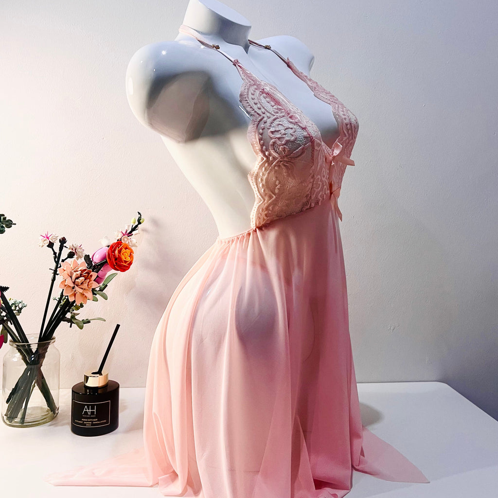 pink lace sleep dress set side view model wearing sleep dress lingerie