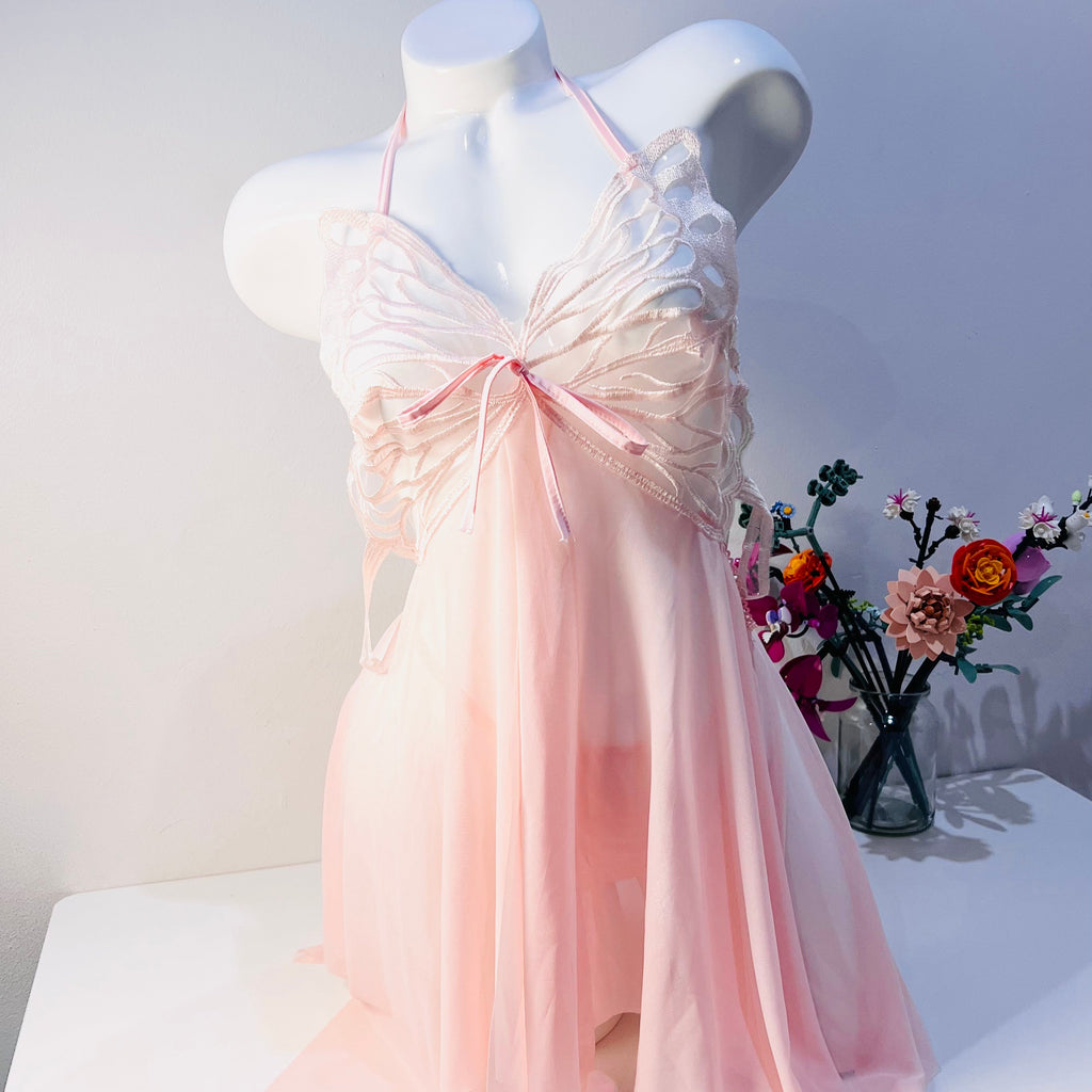 pink lace sleep dress worn by model front view soft and feminine lingerie style