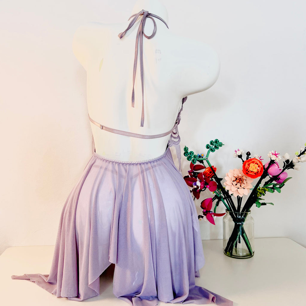 purple lace sleep dress back view highlighting thong fit and smooth back design