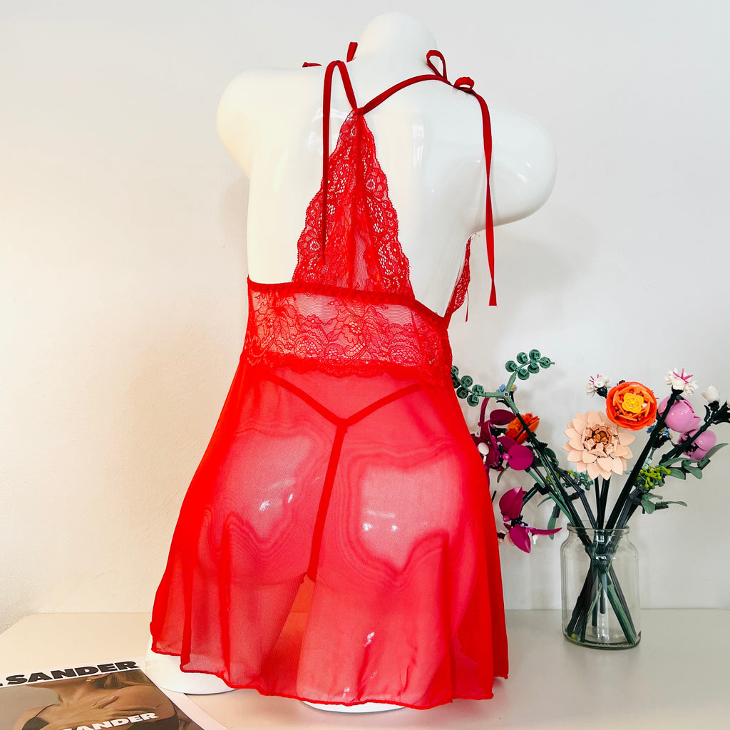 red lace sleep dress back view with adjustable straps and thong style fit