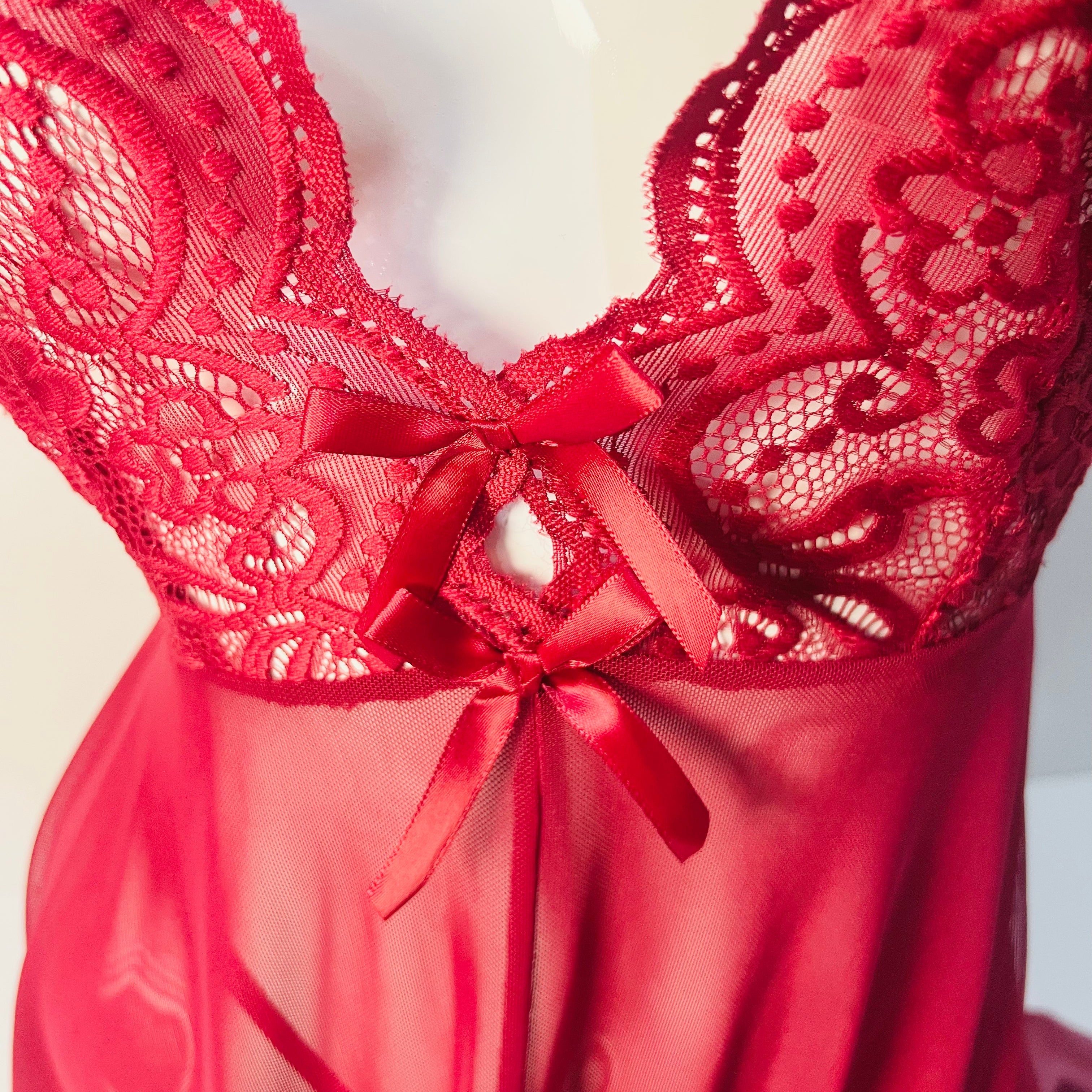 red lace sleep dress front design detail close up lace embroidery