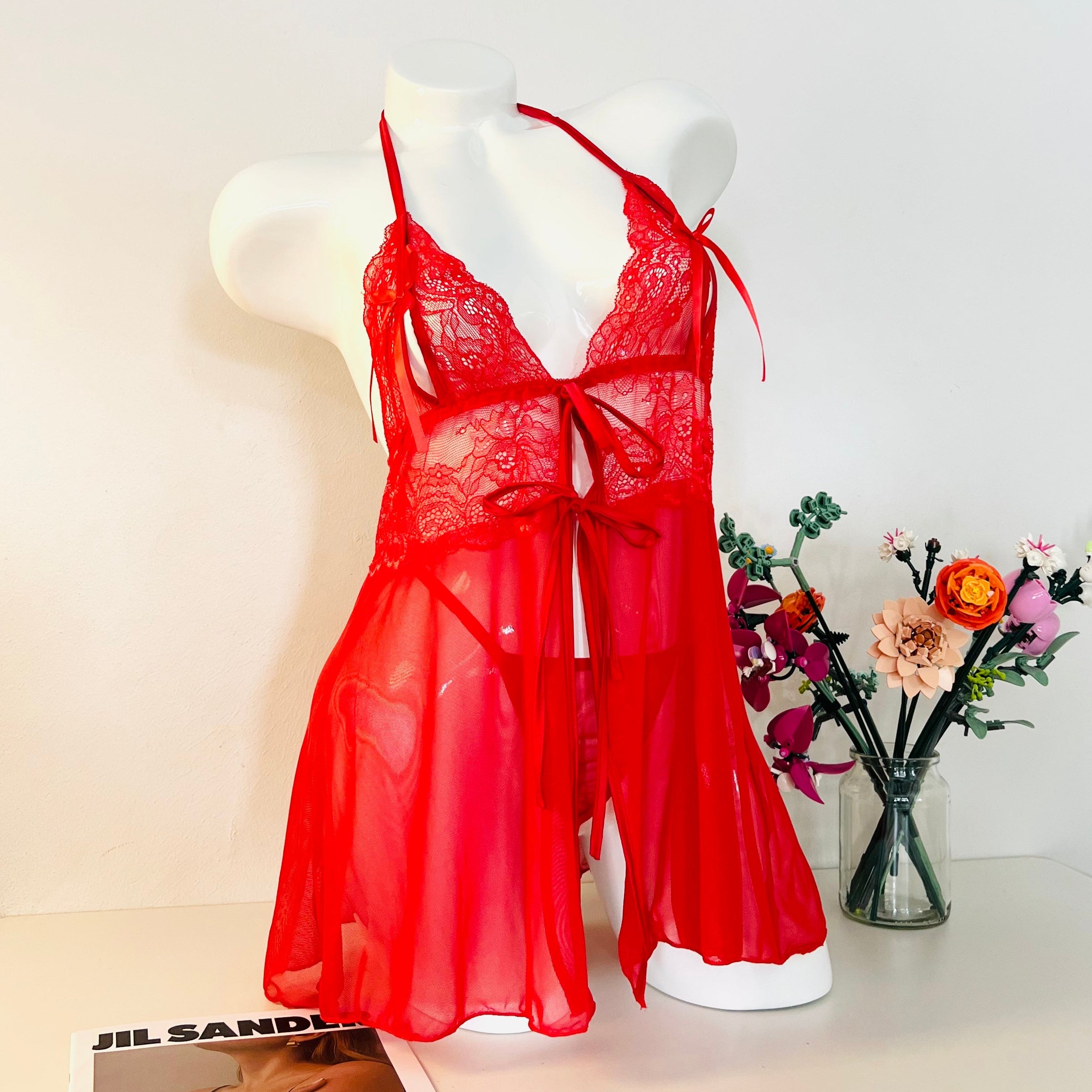 red lace sleep dress worn by model front view soft romantic lingerie look