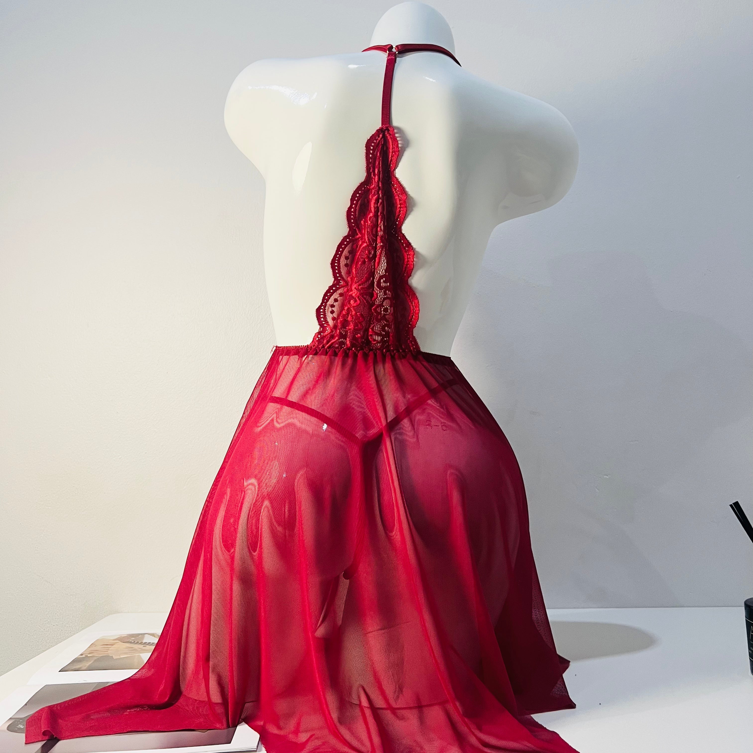 red lace sleep dress set back view model wearing adjustable strap thong