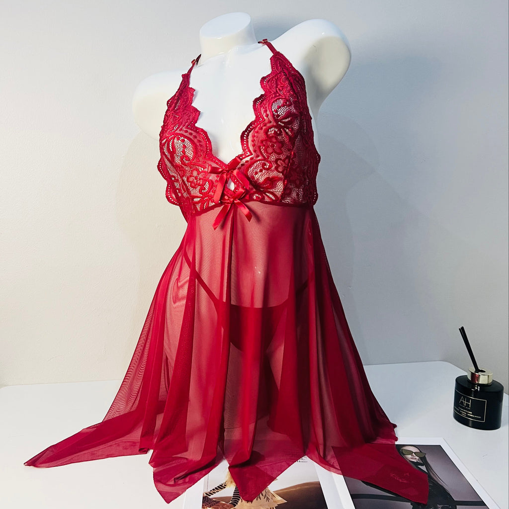 red lace sleep dress set front view model wearing lingerie set