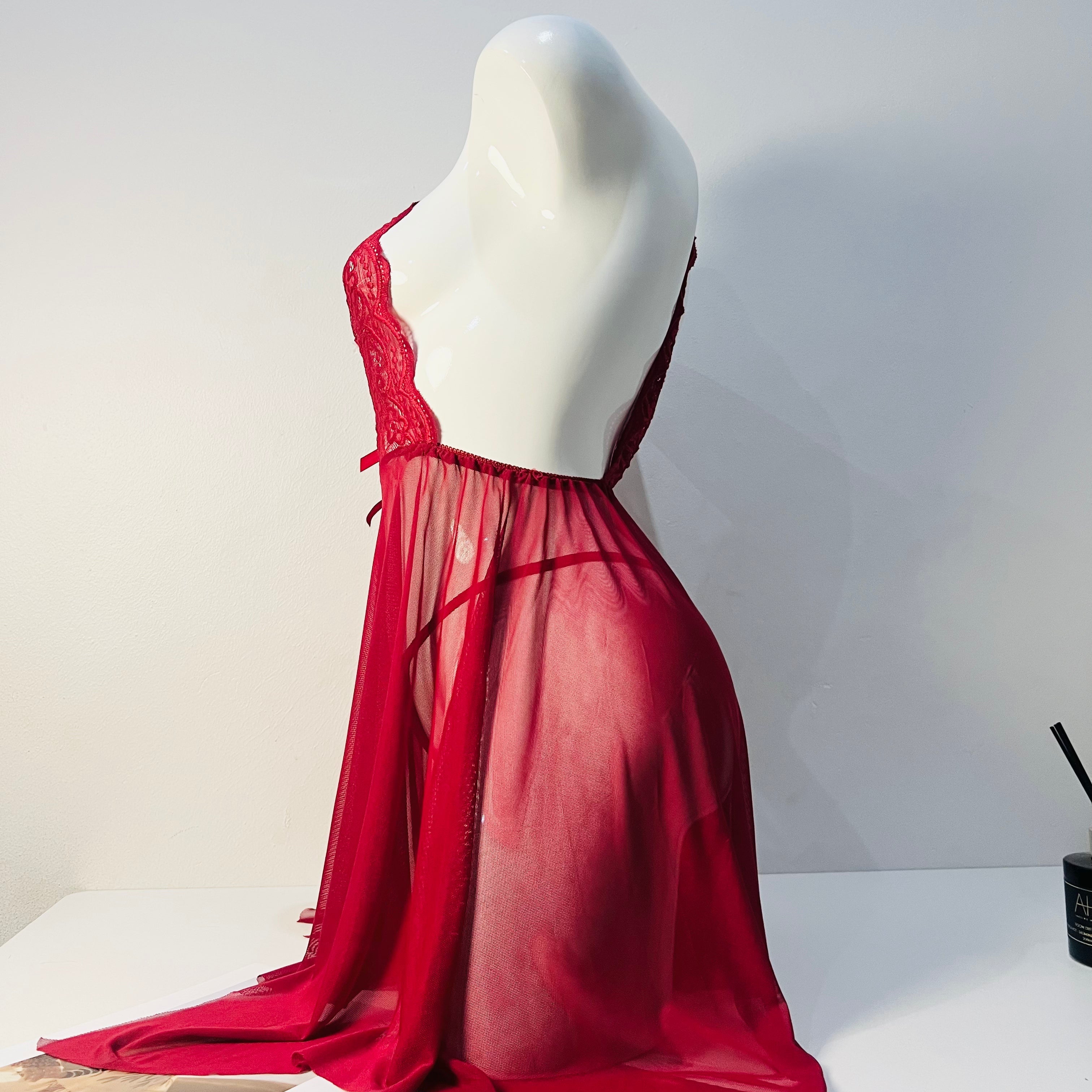 red lace sleep dress set side view model wearing sleep dress lingerie