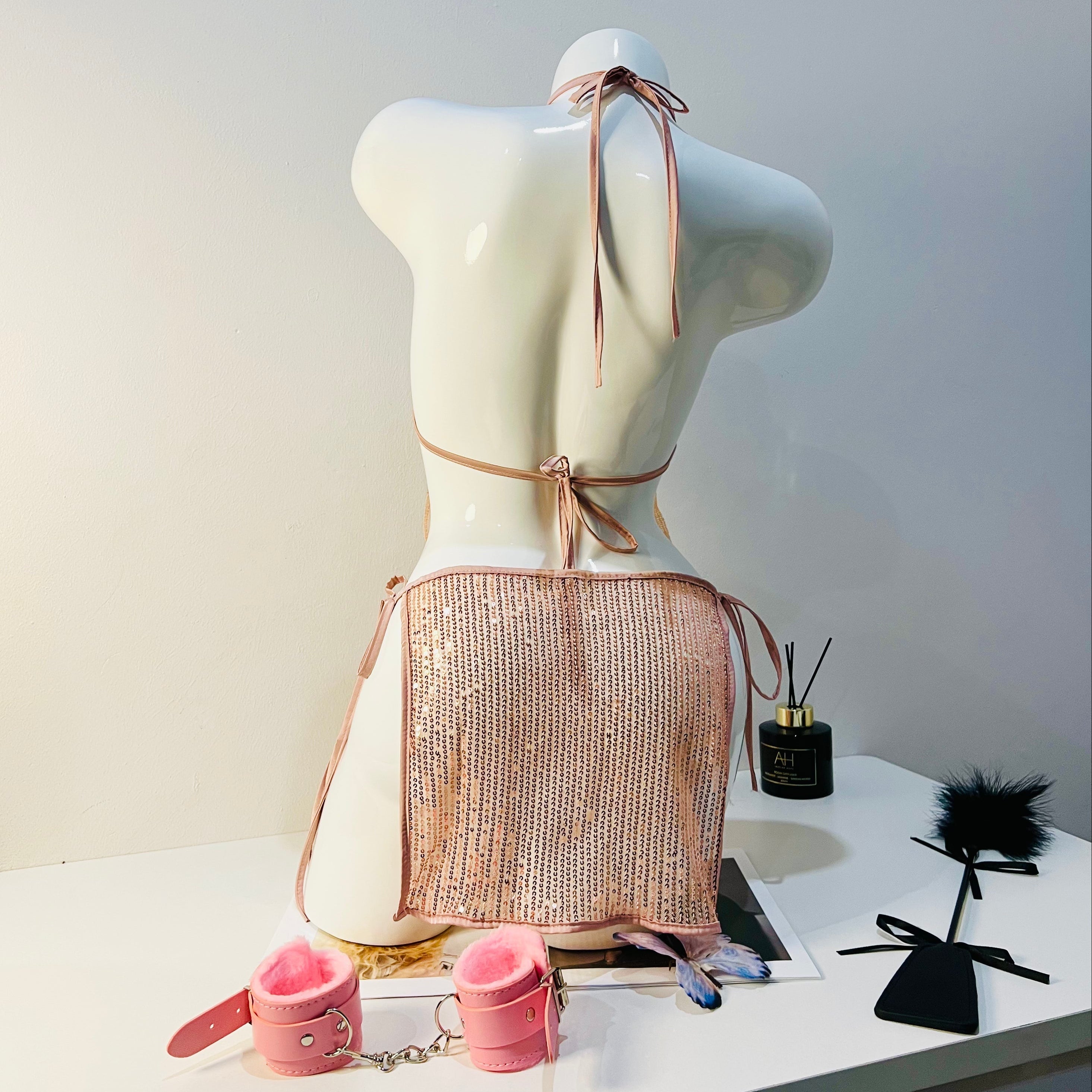 rose gold lace sleep dress back view model wearing adjustable strap nightgown