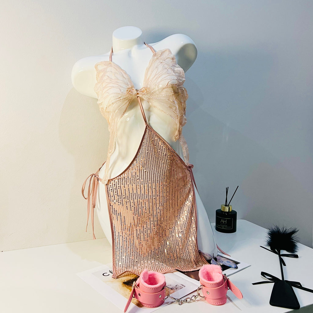 rose gold lace sleep dress front view model wearing nightgown lingerie