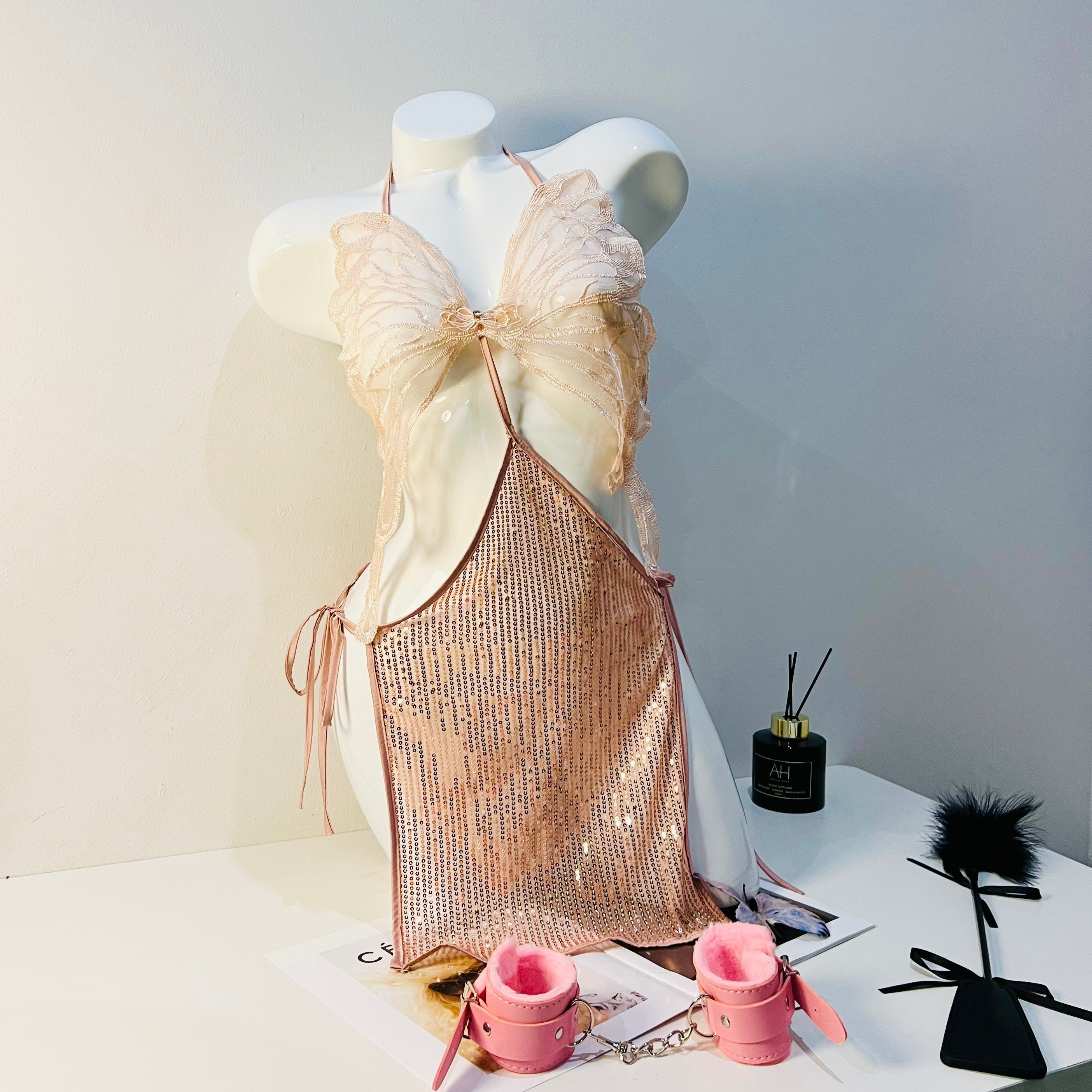 rose gold lace sleep dress front view model wearing nightgown lingerie