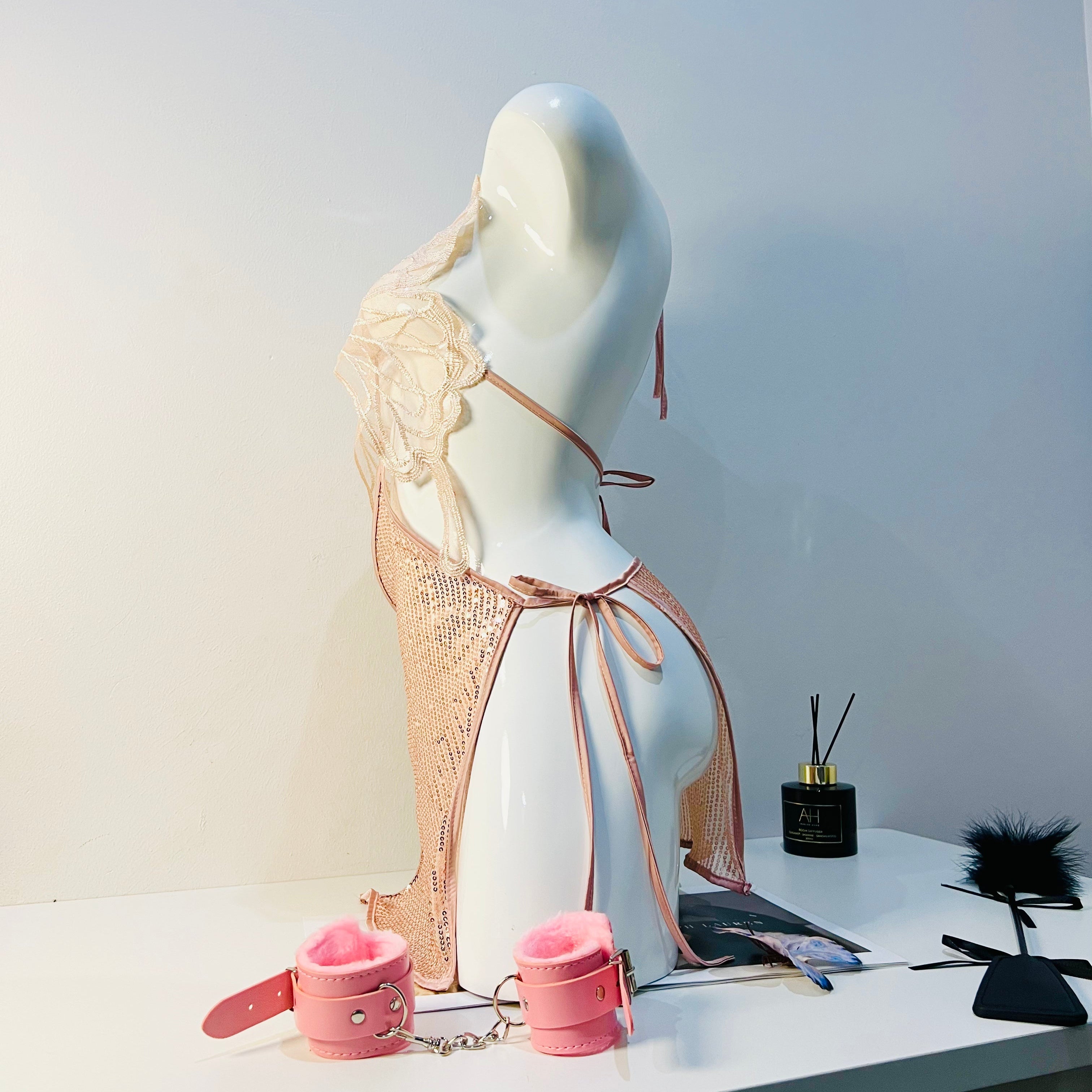 rose gold lace sleep dress side view model wearing strappy nightgown