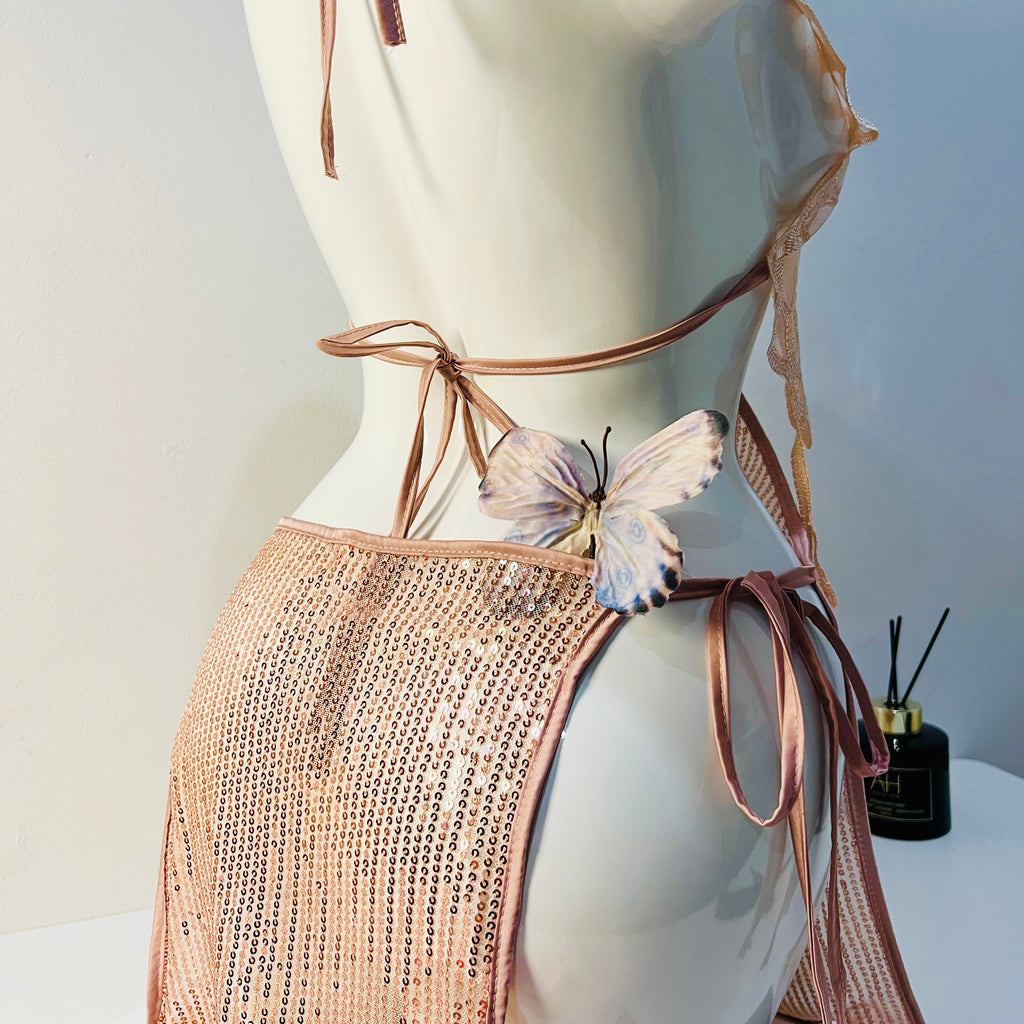 rose gold lace sleep dress side hem detail close up fabric flow texture
