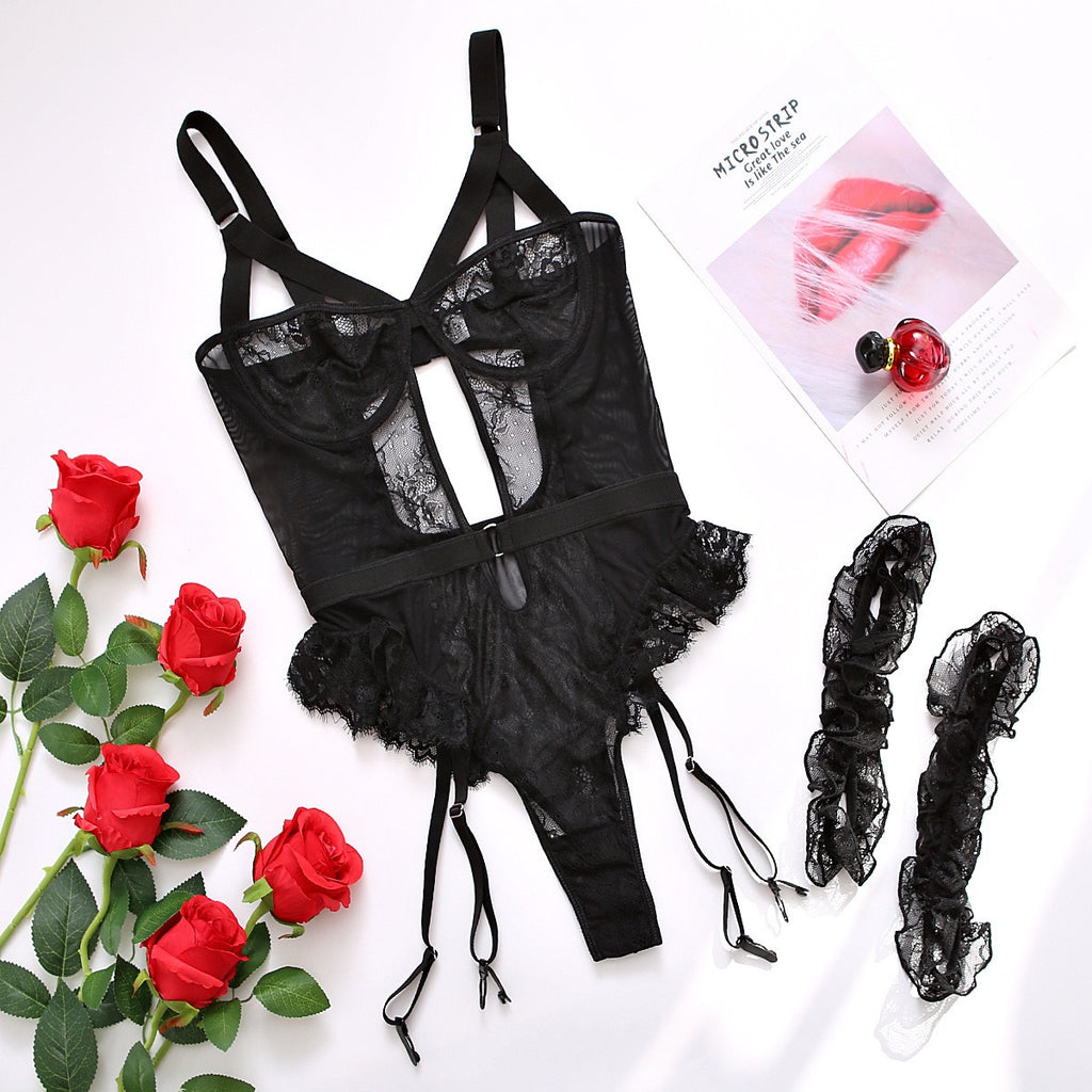 Sexy Black Lace Lingerie Bodysuit – Backless One Piece with Removable Garters