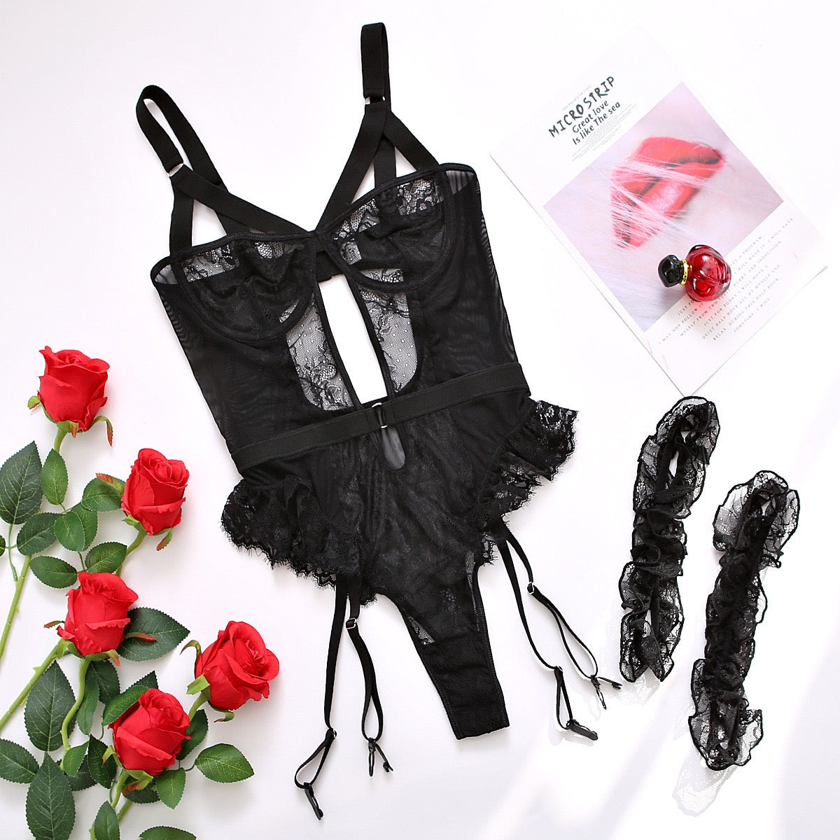 Sexy Black Lace Lingerie Bodysuit – Backless One Piece with Removable Garters