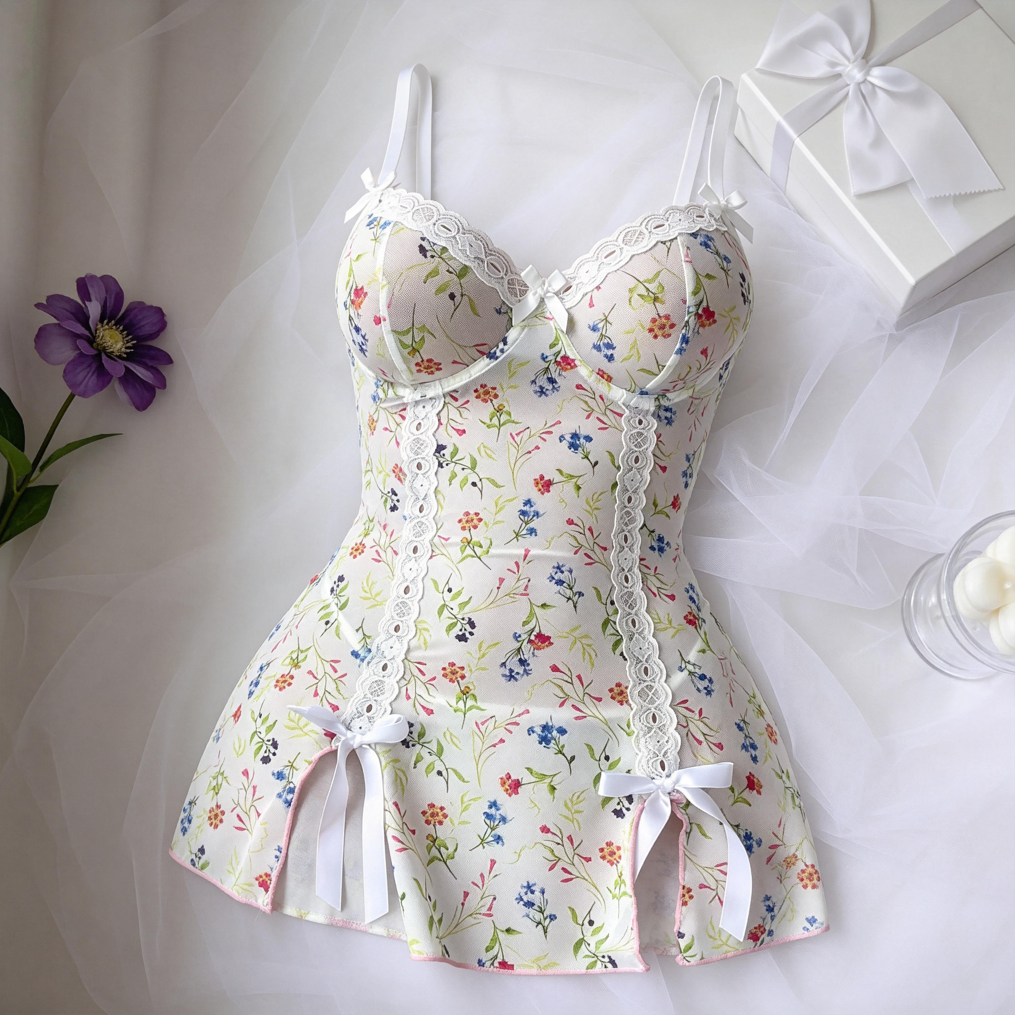 Sexy White Lace Slip Dress Lingerie Set – 2 Piece with Thong