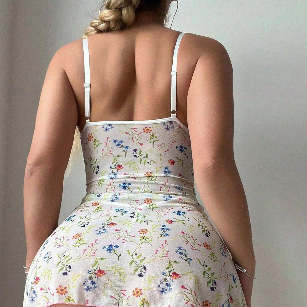 white lace slip dress lingerie set back view model wearing adjustable straps